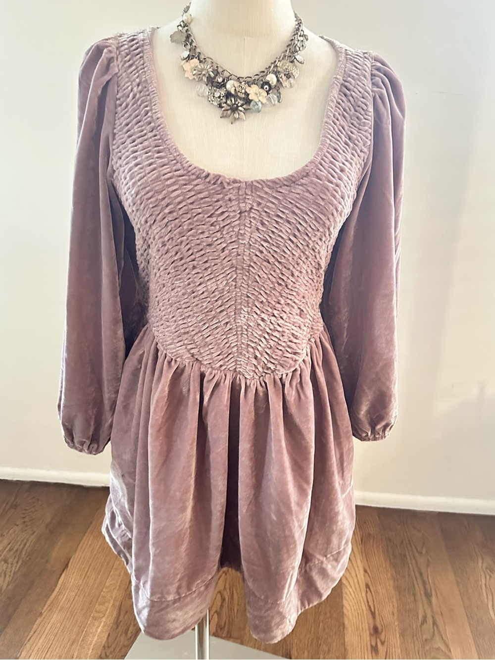 Free People Lavender Crushed Velvet Smocked Mini Dress Square Neck Romantic NWT